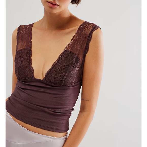 Free People Tops - NWT Intimately Free People‎ Lace Cami Top Plunge Low Back Ribbed Bodice Cocoa M